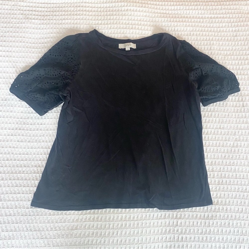 LOFT Black Short Sleeve Eyelet Top